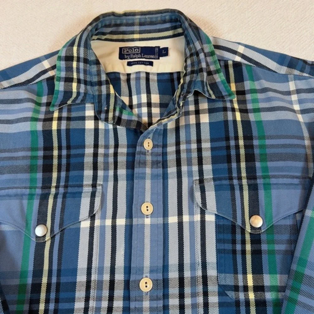 Polo Ralph Lauren Mens Blue‎ Plaid Button Down Work Shirt Double Pockets Size L